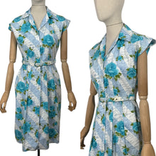Load image into Gallery viewer, Original 1950&#39;s Stripe Floral Cotton Sleeveless Belted Day Dress in Blue and White with Bold Blue Roses - Bust 36 37

