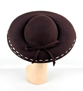 Original 1940's Dark Brown Felt Platter Hat with Openwork Brim and Bow Trim