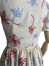 Load image into Gallery viewer, Original Petite Fitting 1940&#39;s 1950&#39;s Novelty Print Dress and Jacket Set with Palm Tree Print in Red, White and Blue Cotton Rayon - Bust 32&quot;
