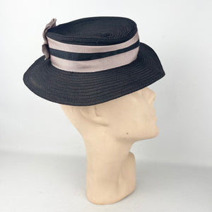 Original 1940's Neat Little Black Topper Hat with Grosgrain Ribbon Trim