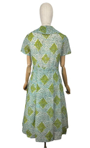 Original 1950's White, Blue, Green and Black Nylon Belted Day Dress - Bust 38 *