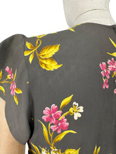 Load image into Gallery viewer, Original 1940's Dark Grey Floral Print Pink and Mustard Crepe Day Dress with Peplum - Bust 34 35 *
