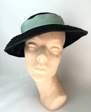 Load image into Gallery viewer, Original Late 1940's Black Straw Hat with Seafoam Green Grosgrain Trim *
