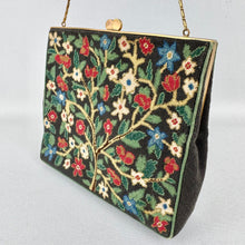 Load image into Gallery viewer, Original 1950&#39;s Black Needlepoint Bag with Red, Green, Blue and Cream Embroidery
