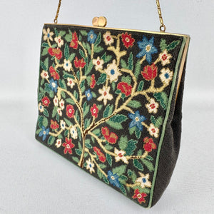 Original 1950's Black Needlepoint Bag with Red, Green, Blue and Cream Embroidery