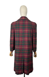 Original 1940's American Made Wool Plaid Coat in Burgundy, Green and Old Gold - Satin Lined - Bust 34 36