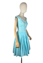 Load image into Gallery viewer, Original 1950's Turquoise Blue Cotton Dress with White Soutache by Carnegie - Bust 32 33 *
