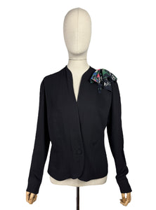 Original 1940's Black Crepe Jacket with Vibrant Crepe Bow Trim - Bust 36 38