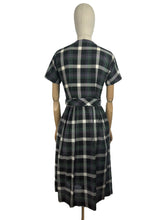 Load image into Gallery viewer, Original 1950&#39;s Black, Purple, White and Teal Plaid Cotton Belted Day Dress - Bust 32 34 *
