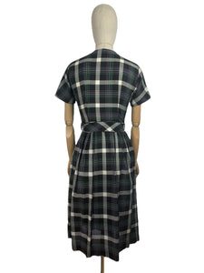 Original 1950's Black, Purple, White and Teal Plaid Cotton Belted Day Dress - Bust 32 34 *