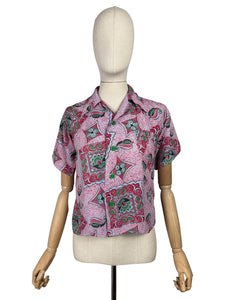 Original 1940's Vibrant Rayon 'SPORTSWEAR' Blouse in Pink, Red, Green and White - Bust 32 34