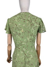 Load image into Gallery viewer, Original 1930's 1940's Novelty Print Green Crepe Day Dress with Horses and Fences Print - Bust 32 34 *
