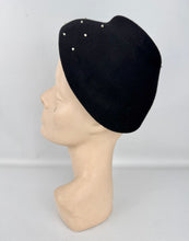 Load image into Gallery viewer, Original 1950&#39;s Inky Black Felt Hat with Faux Pearl Beads and Side Bow
