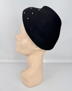 Original 1950's Inky Black Felt Hat with Faux Pearl Beads and Side Bow