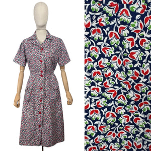 Original Volup 1930's Blue Cotton Dress with Pretty Floral Print in Red, Green and White - Bust 40 42