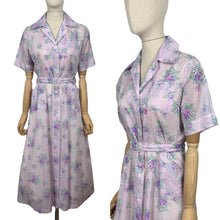 Load image into Gallery viewer, Original 1950&#39;s Purple Nylon Belted Day Dress with Pink and Green Bold Floral Print - Bust 36 38
