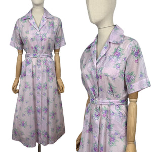 Original 1950's Purple Nylon Belted Day Dress with Pink and Green Bold Floral Print - Bust 36 38