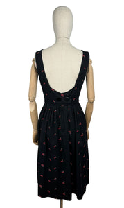 Original 1950's SABA Jrs of California Black Backless Dress with Rose Embroidery - Bust 34 *