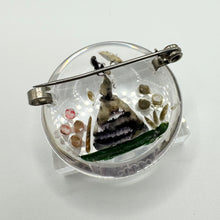 Load image into Gallery viewer, Original 1940&#39;s Circular Reverse Carved Lucite Brooch with Crinoline Lady and Flowers
