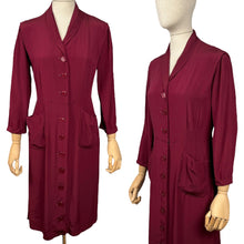 Load image into Gallery viewer, Original 1940's Burgundy Crepe Button Front Day Dress with Pockets by Tweencraft - Bust 34 35
