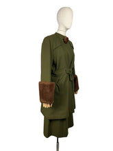 Load image into Gallery viewer, Original 1940's Olive Green Herringbone Wool Long Line Belted Jacket and Skirt Suit with Faux Fur Trim - Short Coat - Bust 36 38
