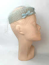Load image into Gallery viewer, Original 1950's Baby Blue Hat with Face Net and Bow Trim
