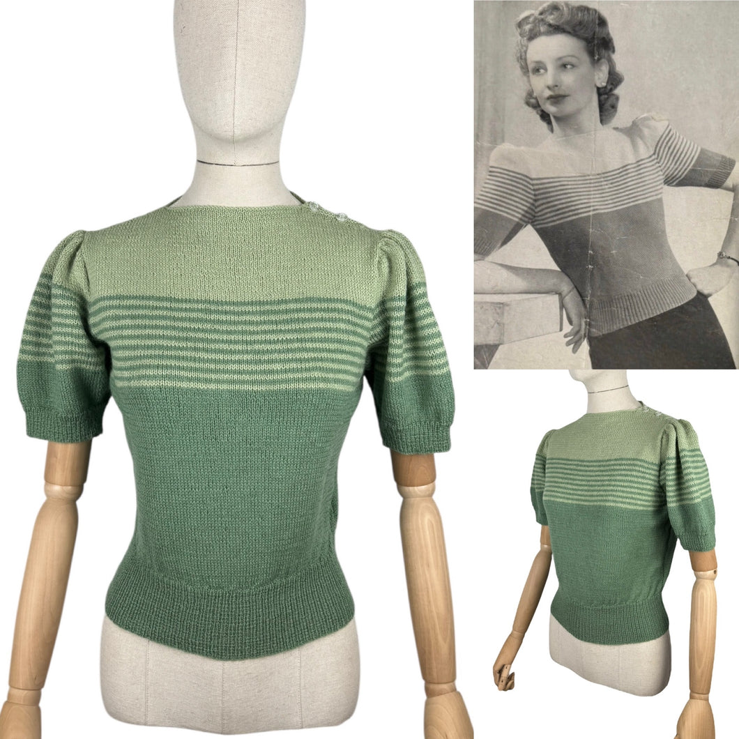 Reproduction 1940's Striped Jumper in Pistachio and Mid Green with Full Puff Sleeves - Bust 36 38 *