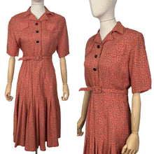 Load image into Gallery viewer, Original 1940&#39;s Belted Heavy Linen Day Dress in Orange, Black and White with Glass Button Detail - Bust 28
