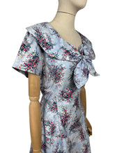 Load image into Gallery viewer, Original 1950&#39;s Floppy Blue Cotton Day Dress with Floral Sprays in Red, Yellow and White - Bust 38 40
