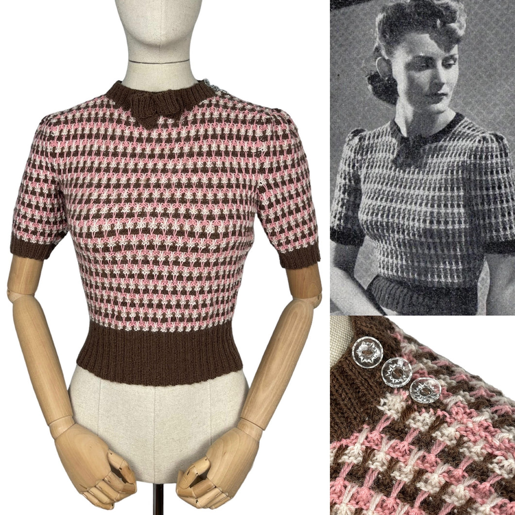 Reproduction 1940's Waffle Stripe Jumper in Chocolate Brown, Pale Pink and Cream - Bust 33 34 35