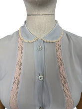Load image into Gallery viewer, Original 1940&#39;s 1950&#39;s Powder Blue Sheer Chiffon Blouse with Pretty Lace Trim - Bust 32 33 *
