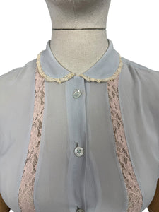 Original 1940's 1950's Powder Blue Sheer Chiffon Blouse with Pretty Lace Trim - Bust 32 33 *