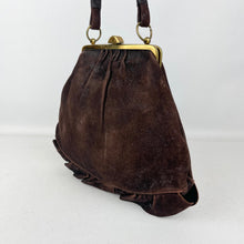 Load image into Gallery viewer, Original 1930&#39;s Dark Brown Suede Handbag with Ruffled Leather Trim
