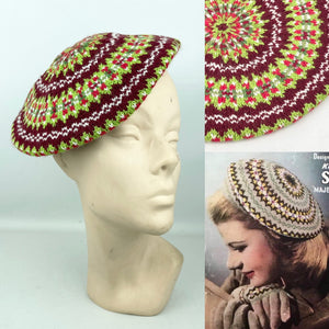 Reproduction 1940's Pure Wool Fair Isle Beret in Burgundy and Green - Wonderful Design Featuring Six Different Colours *
