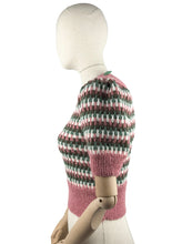 Load image into Gallery viewer, Reproduction 1940’s Hand Knitted Striped Jumper in Pink, White, Green and Brown Alpaca Wool - Bust 33 34 35
