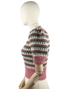 Reproduction 1940’s Hand Knitted Striped Jumper in Pink, White, Green and Brown Alpaca Wool - Bust 33 34 35