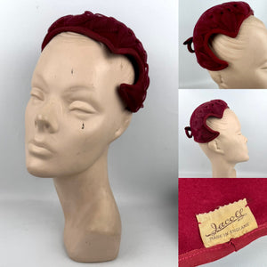 Original 1950's Burgundy Felt Hat with Bow Trim and Pleated Mesh Detail by Jacoll