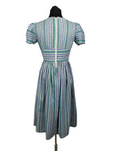 Load image into Gallery viewer, Original 1940&#39;s Petite Fit Textured Cotton Stripe Dress in Green, Pink, Blue and White - Bust 34 *
