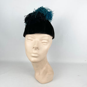 Fabulous Original 1930's Dark Brown Velvet Hat with Ostrich Feather Plume Trim in Blue and Black *
