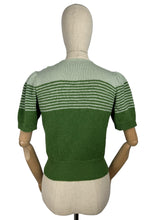 Load image into Gallery viewer, Reproduction 1940&#39;s Striped Jumper in Turtle Green and Pale Sage Green Pure Wool with Full Puff Sleeves - Bust 34 36
