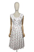 Load image into Gallery viewer, Original 1950&#39;s White, Pink and Green Textured Cotton Belted Day Dress with Roses Print and Frill Collar - Bust 34
