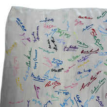 Load image into Gallery viewer, Original 1940&#39;s 1948 Dated White Artificial Silk Scarf with Vibrant Embroidered Signatures

