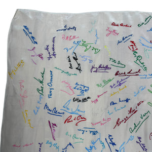 Original 1940's 1948 Dated White Artificial Silk Scarf with Vibrant Embroidered Signatures