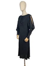 Load image into Gallery viewer, Original 1930&#39;s Black Bias Cut Dress with Cold Shoulder Ribbon Work Sleeves - Bust 34 36 38
