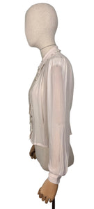 Original 1940's Semi Sheer Chiffon Crepe Long Sleeved Embroidered Blouse with Faux Pearl Buttons - Bust 36