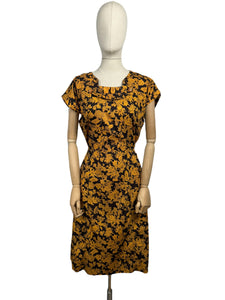 Original 1950’s Orange and Black Floral Cotton Wiggle Dress *