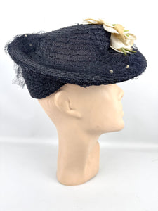 Original Late 1930's or Early 1940's Midnight Blue New York Creations Hat with Velvet Flowers and Net Trim