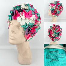 Load image into Gallery viewer, Original 1950&#39;s 1960&#39;s Kleinert Brand Bright Floral Swimming Cap in Blue, Purple, Pink and White
