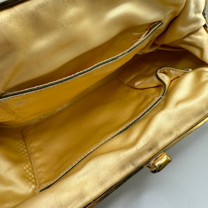 Original 1950's Soft Gold Leather Evening Bag with Snake Chain and Clear Paste Set Clasp