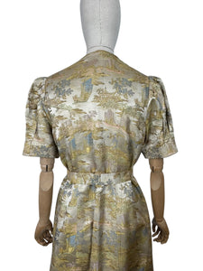 Original 1930’s Chinese Silk Brocade House Coat Robe in Gold, Pink and Blue - Stunning Evening Gown - Bust 36